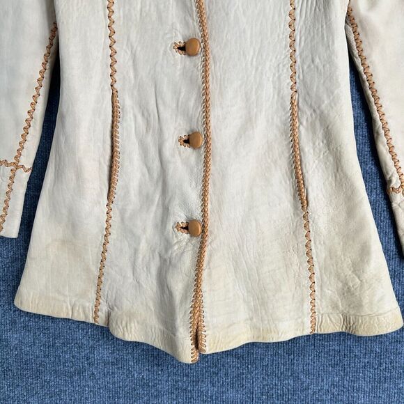 Vintage North Beach Leather Jacket Cream Whipstitch Button Up Hippie Pockets - Picture 3 of 16